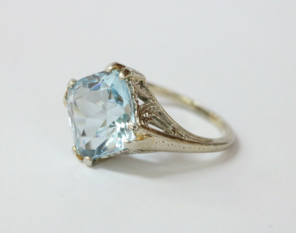 Art Deco 18K White Gold Synthetic Aquamarine Ring
