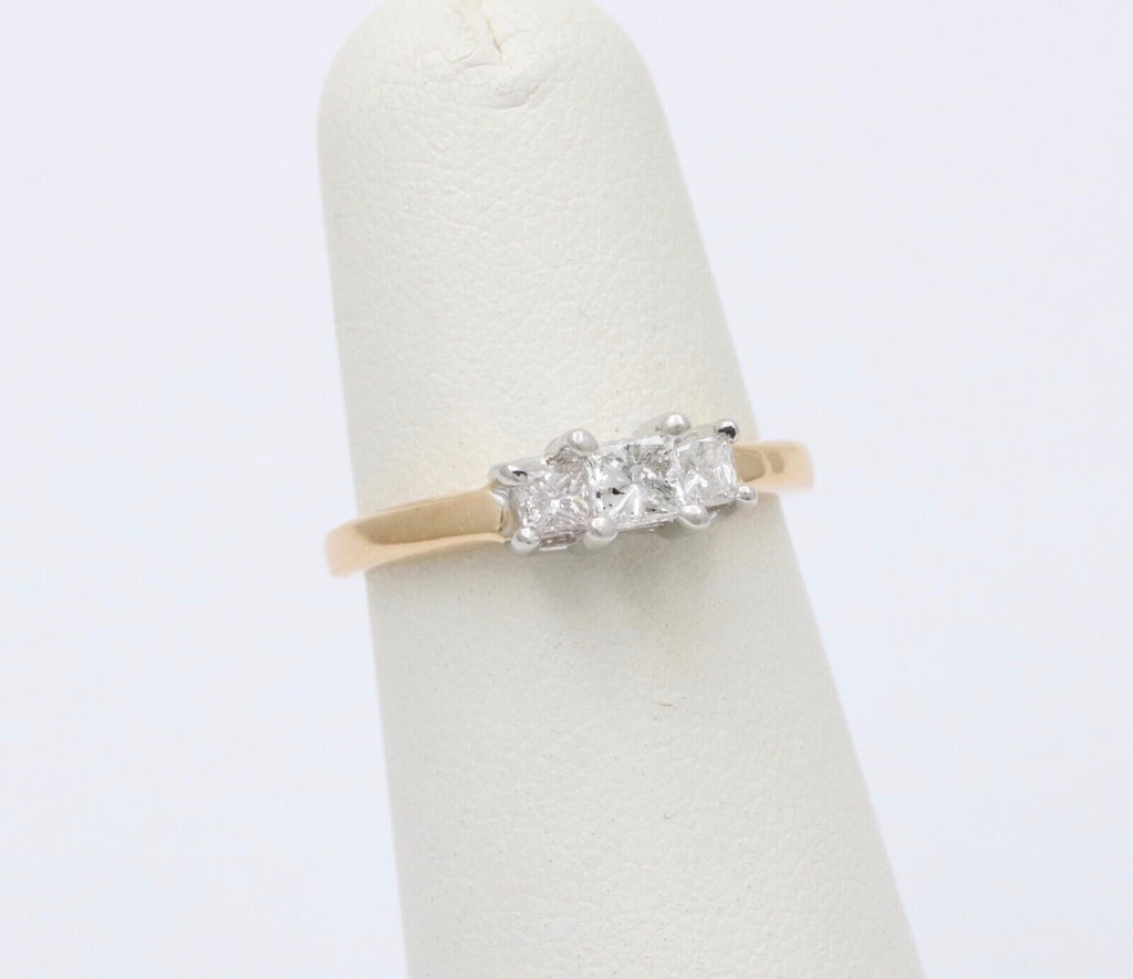Vintage 14K Gold & Platinum Princess Cut Three Stone Diamonds Engagement Ring, R
