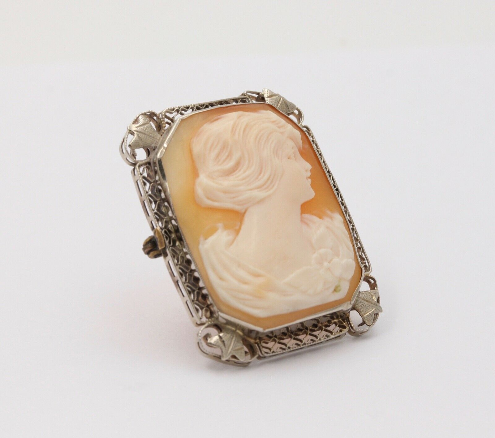 Victorian Adorable Carved Shell Cameo Woman's Portrait Filigree Brooch, Pin. Pen