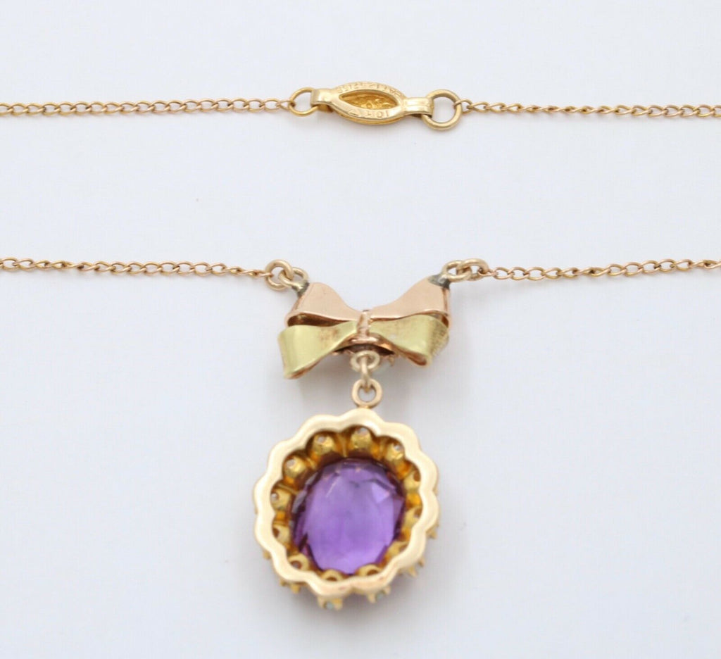 Vintage Bow Amethyst Opals 10K Yellow Gold Pendant and Chain