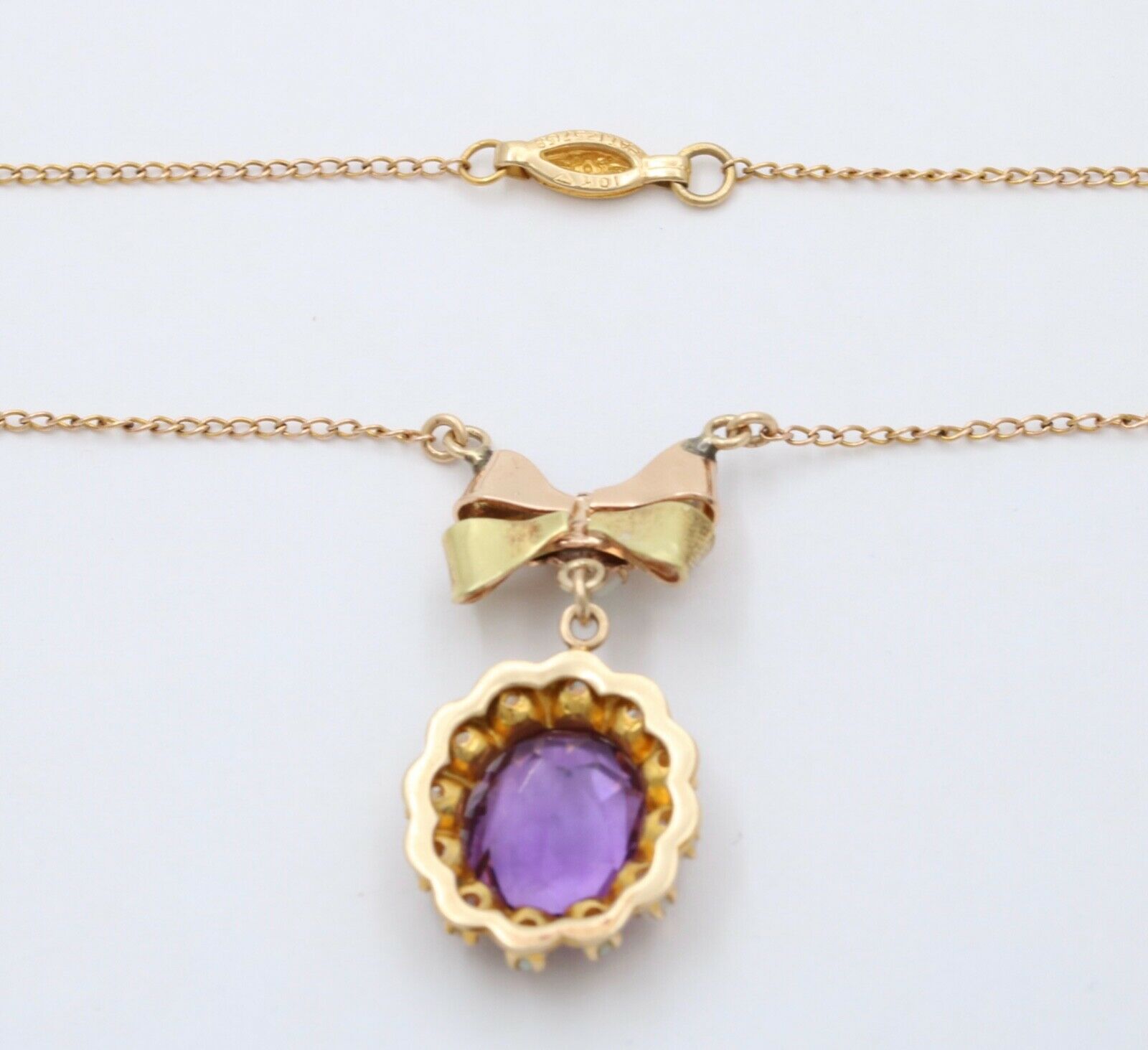 Vintage Bow Amethyst Opals 10K Yellow Gold Pendant and Chain