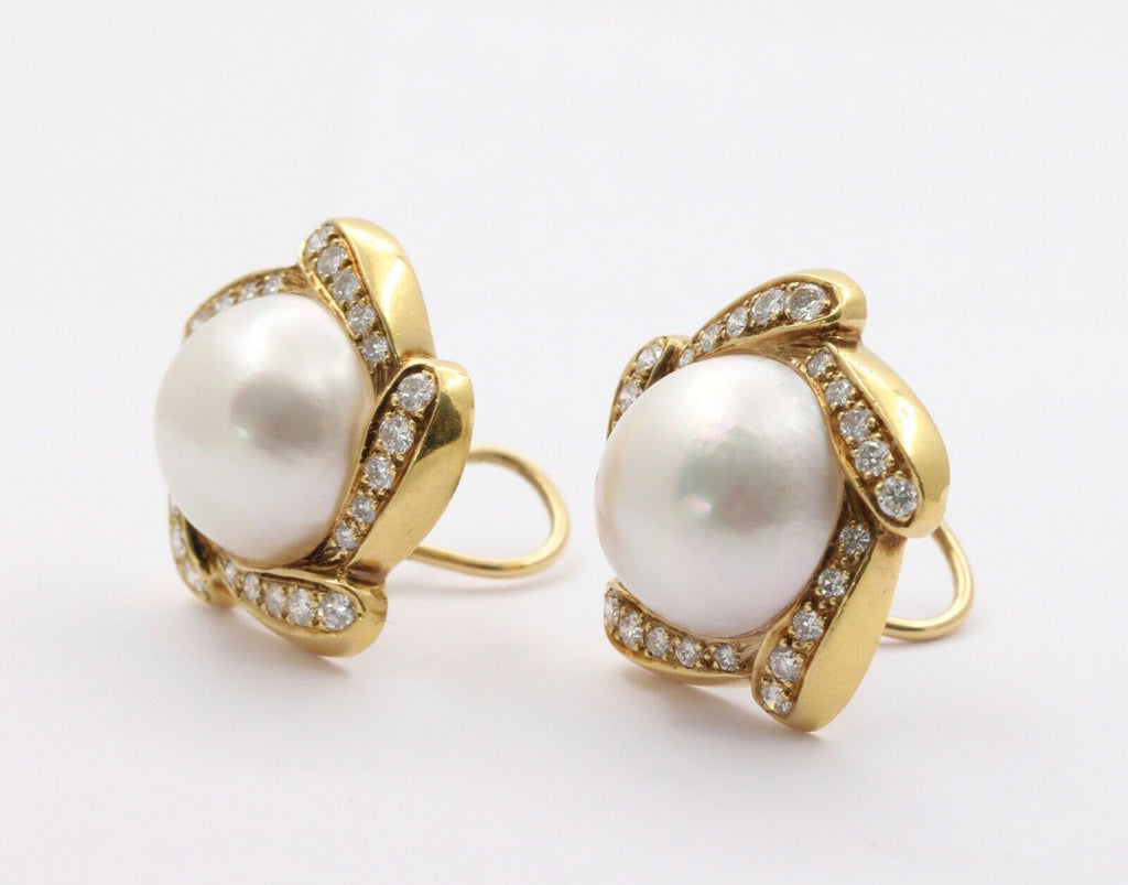 Large Mabe Pearl Diamonds Pinwheel French Clip Earrings