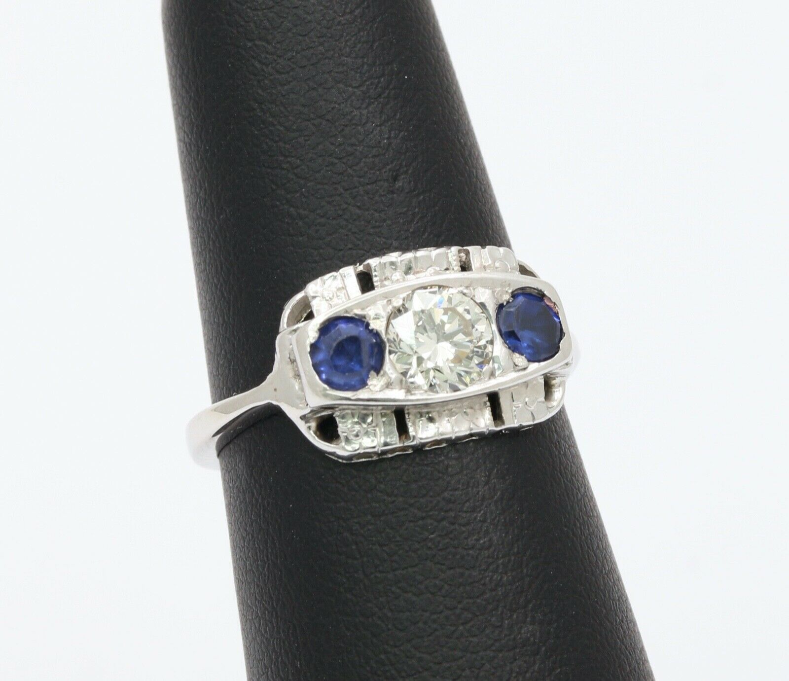 Art Deco Diamond Sapphires 14K White Gold Ring
