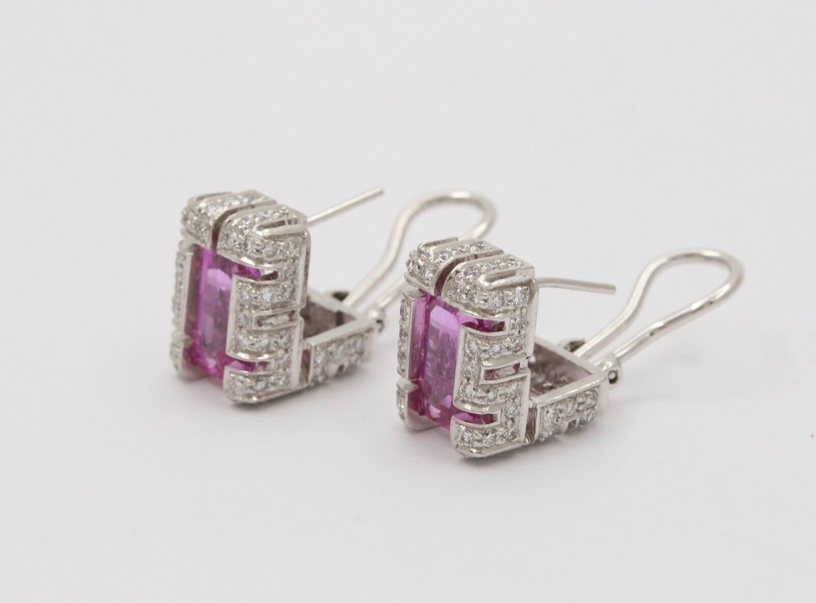 Vintage 18K White Gold Haggis’s Emerald Cut Pink Topaz Diamond Earrings