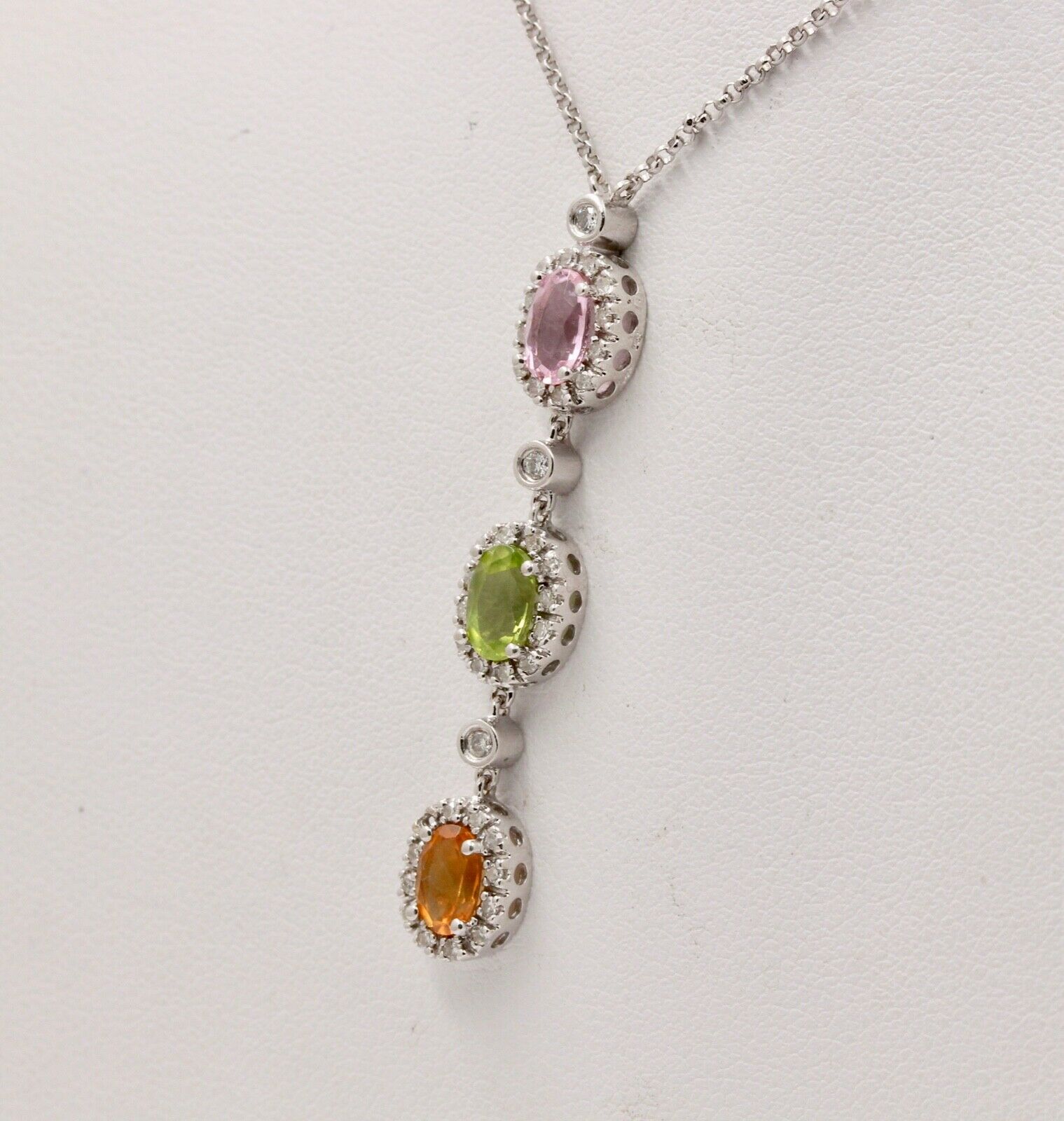 Classic 14K Gold Three Stones Multi Color Stone, Diamond Drop Pendant. Necklace.