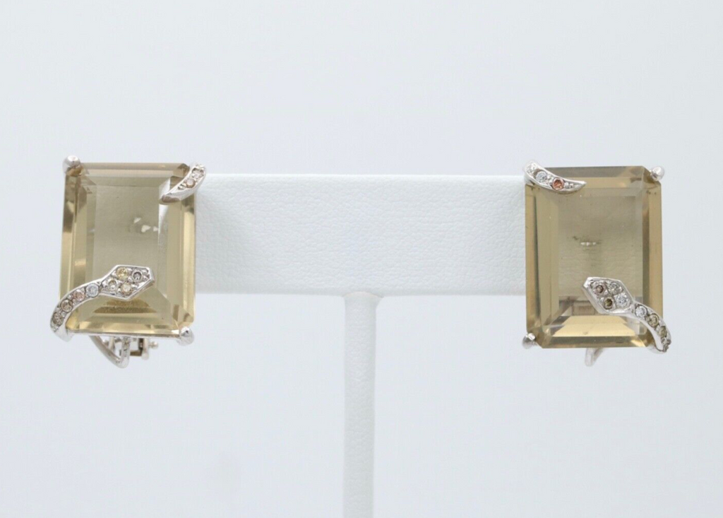 Vintage Modernist Snake Topaz and Diamond 18K White Gold Clip On Earrings