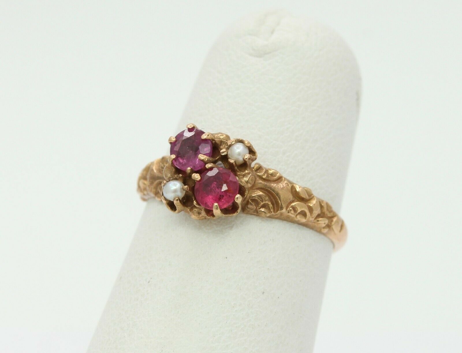 Victorian 14K Rose Gold Seed Pearl Ruby Promise Ring