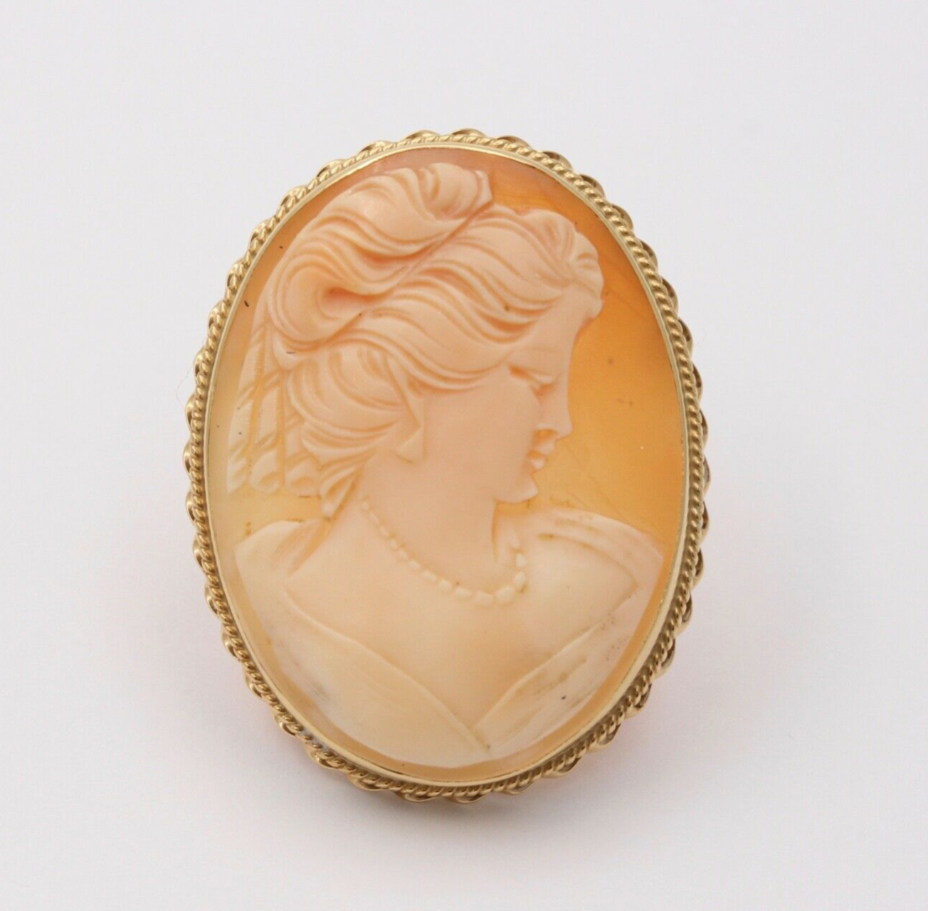Vintage Romantic 14K Yellow Gold Carved Shell Cameo Brooch, Portrait Pendant.