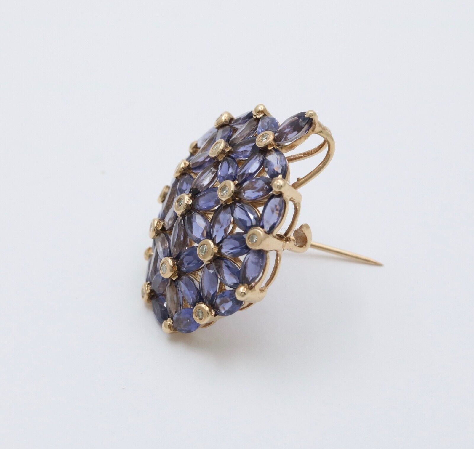 Vintage Tanzanite Diamonds 10K Yellow Gold  Hydrangea Pendant Brooch Pin