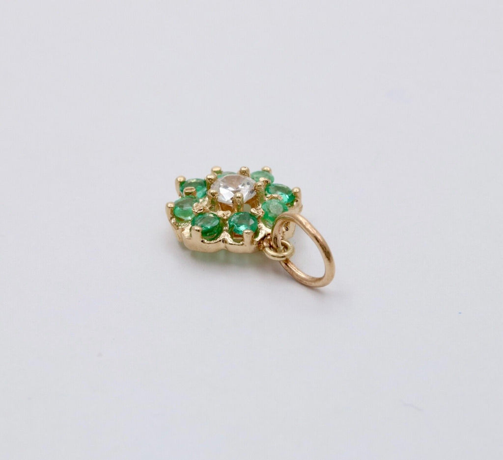 Vintage Flower Diamond Emerald 14K Yellow Gold Pendant