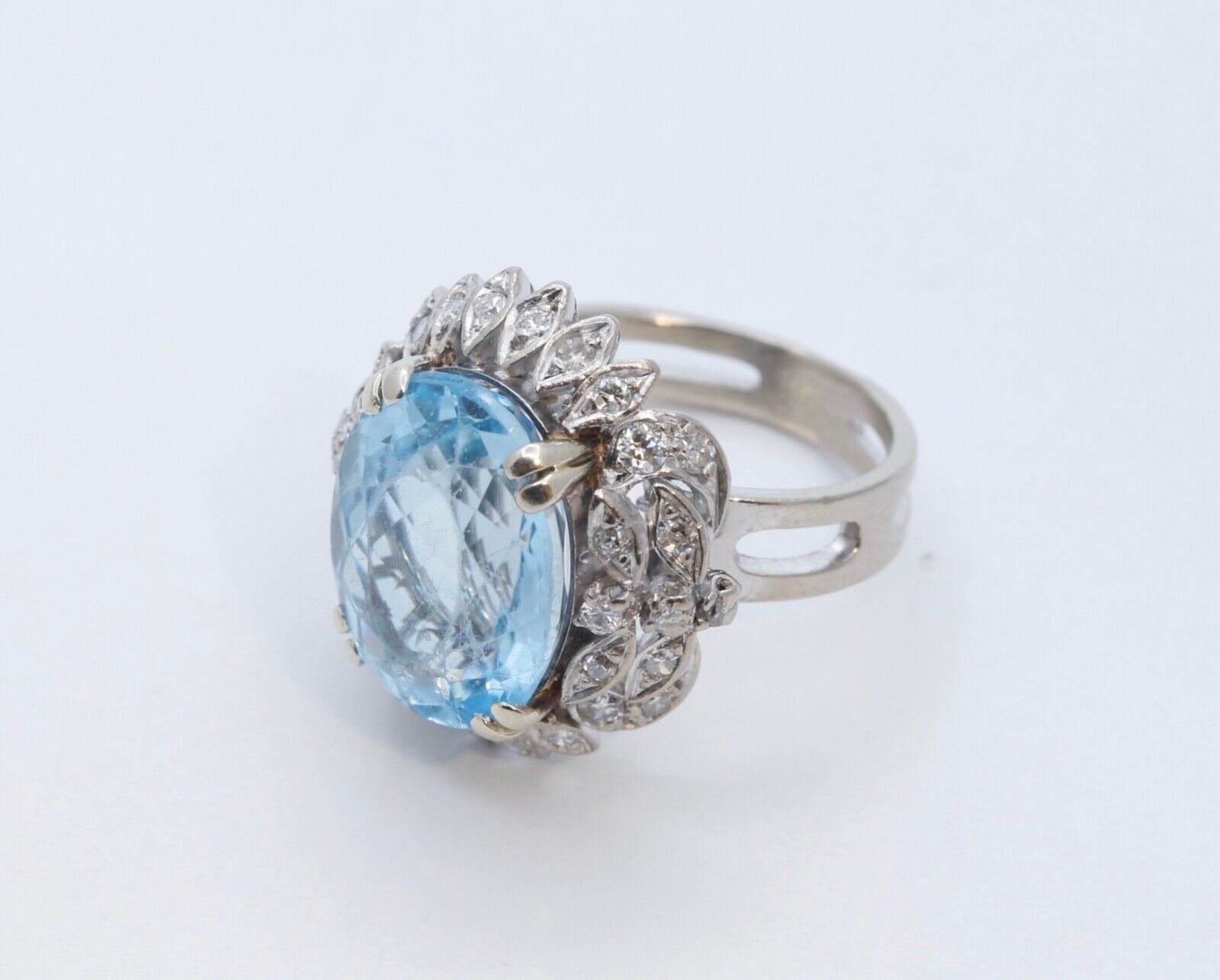 Vintage Blue Topaz Diamonds 14K White Yellow Gold Cocktail Ring