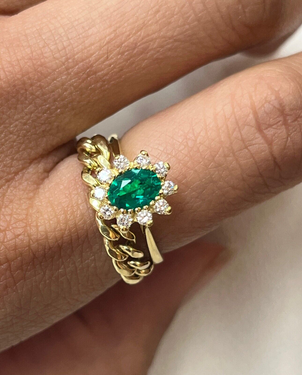 Vintage 18K Gold Emerald Diamond Halo Ring, Engagement Band