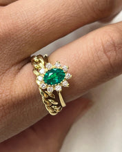 Load image into Gallery viewer, Vintage 18K Gold Emerald Diamond Halo Ring, Engagement Band
