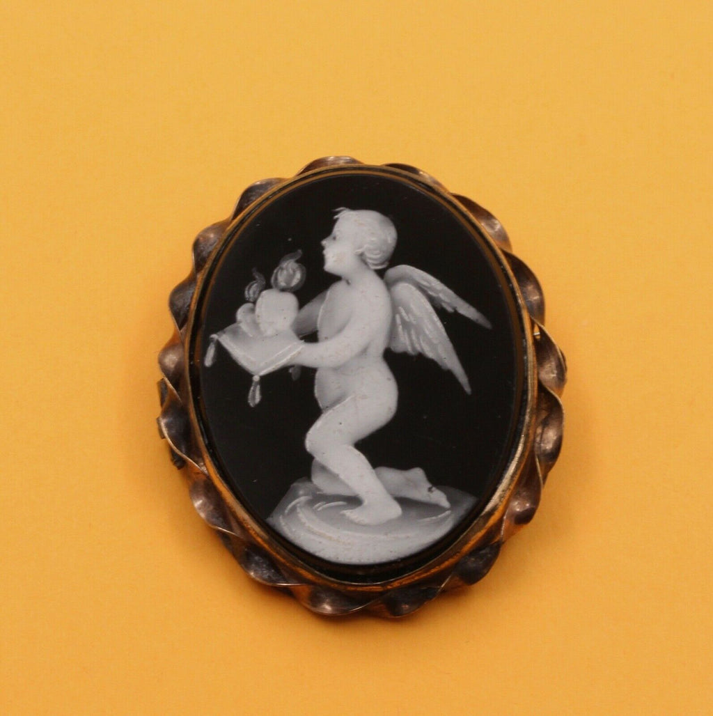 Victorian Cherub Angel Enamel 10K Rose Gold Brooch