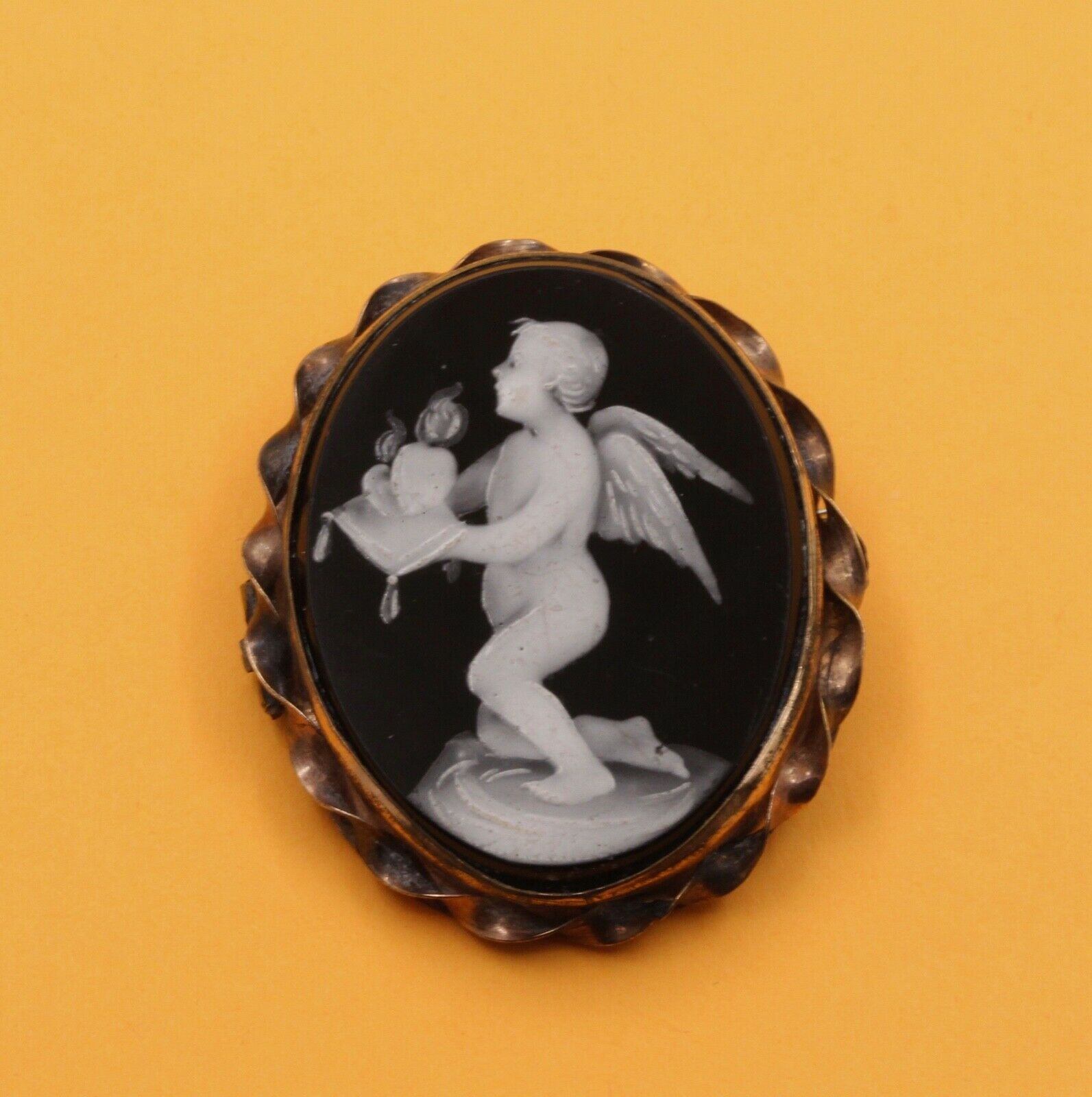 Victorian Cherub Angel Enamel 10K Rose Gold Brooch