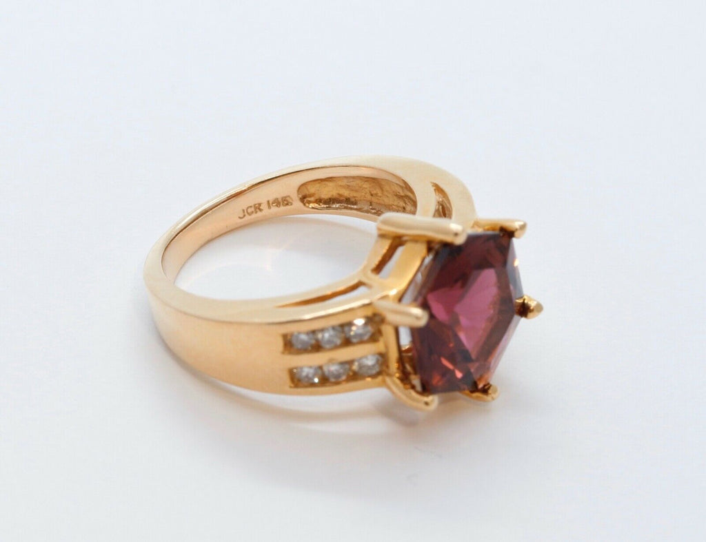 Large Pinkish Purple Hexagonal Cut Tourmaline Diamonds 14K YG Ring