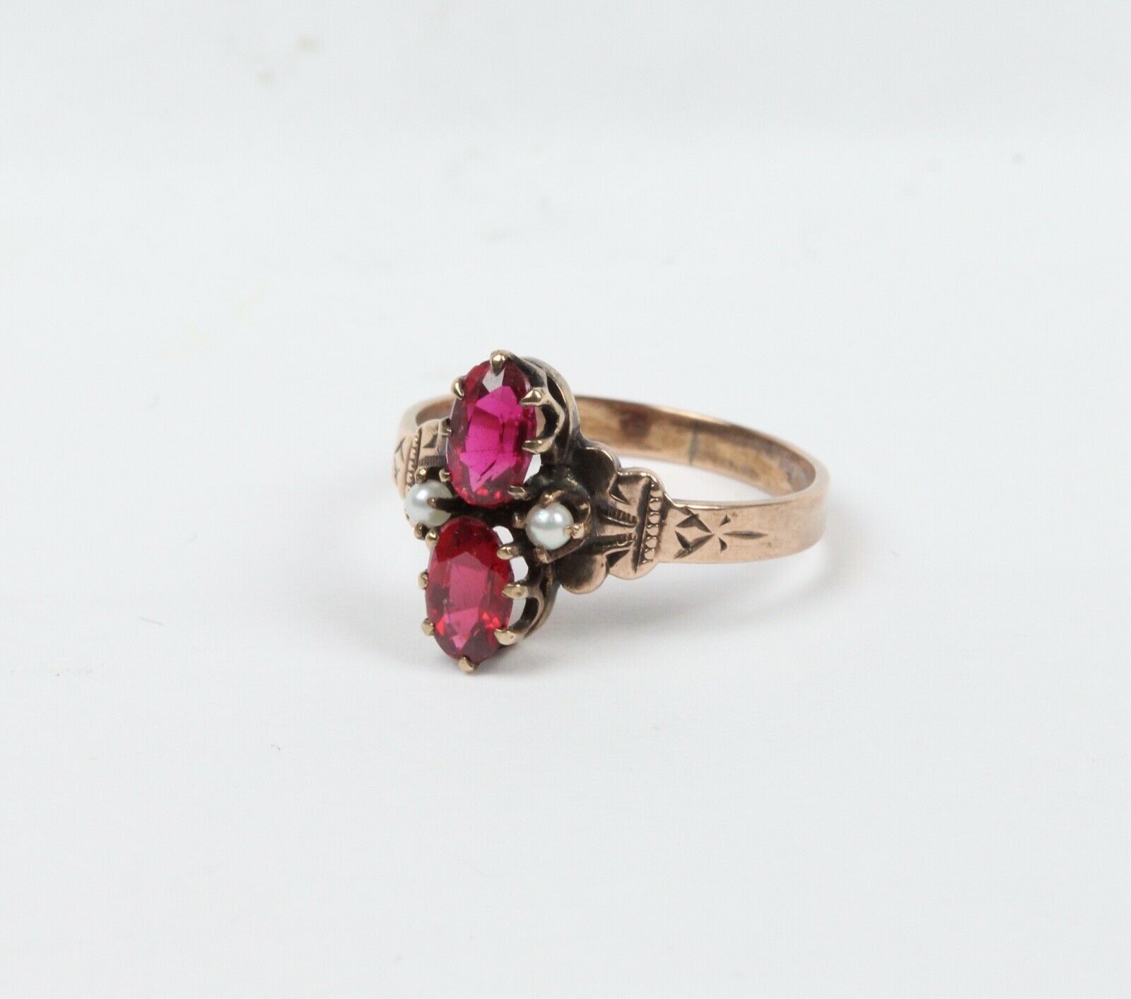 Rare Beautiful Victorian Ruby Seed Pearl 9K Rose Gold Ring