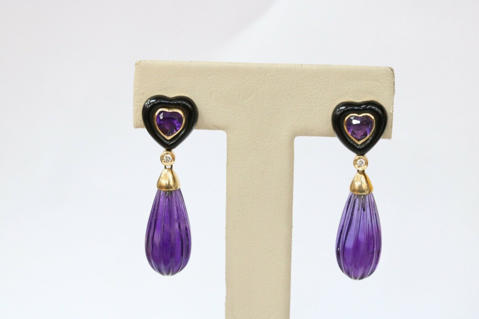 Vintage Bvlgari Style Amethyst Black Onyx Diamonds 14K Yellow Gold Earrings
