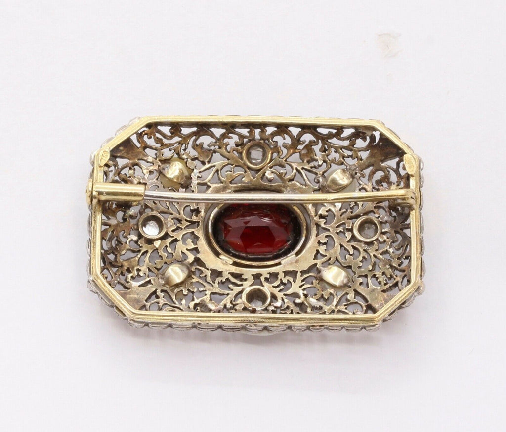 Victorian Garnet Old Mine Diamonds 18K White Yellow Gold Pearls Brooch Pin