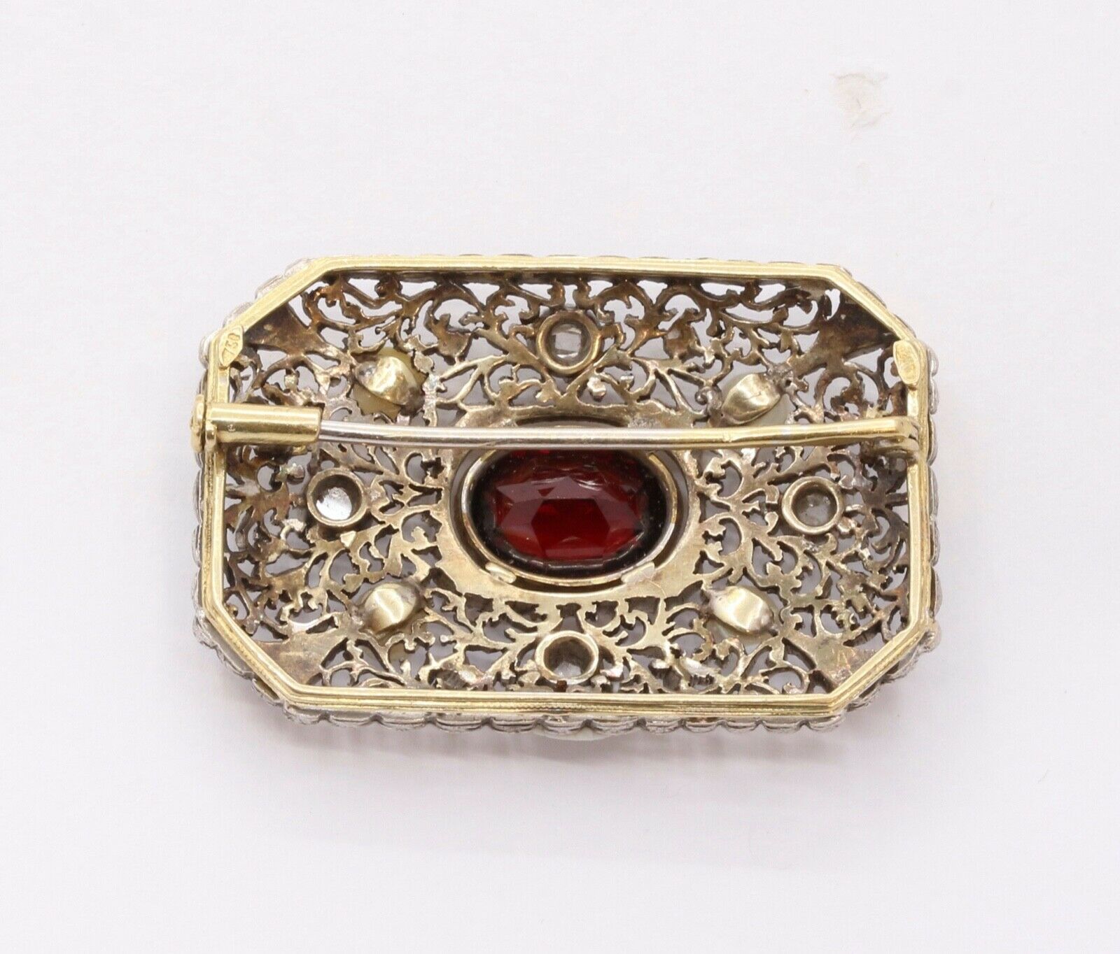 Victorian Garnet Old Mine Diamonds 18K White Yellow Gold Pearls Brooch Pin