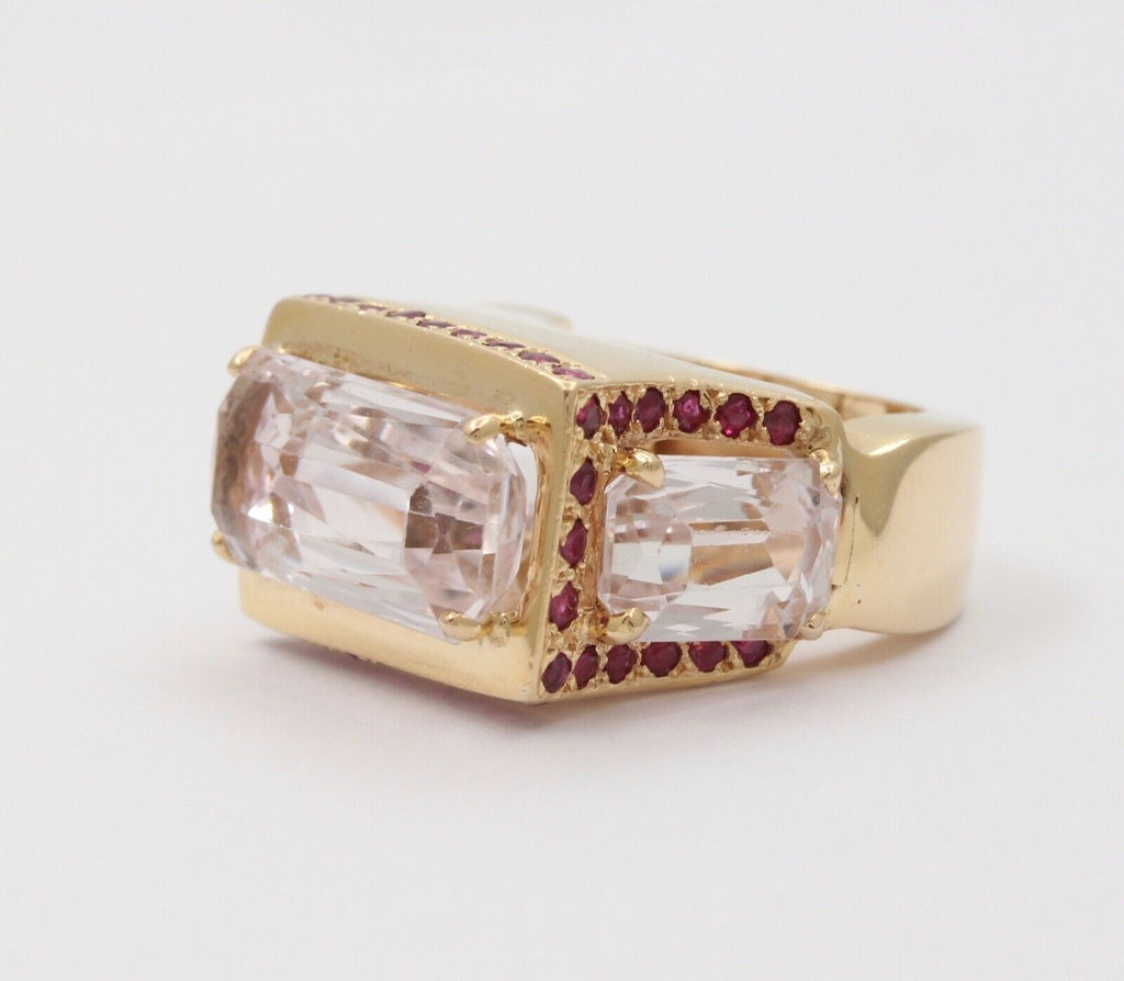 Striking 14K Yellow Gold Pink Kunzite And Ruby Tank Ring, Statement Ring