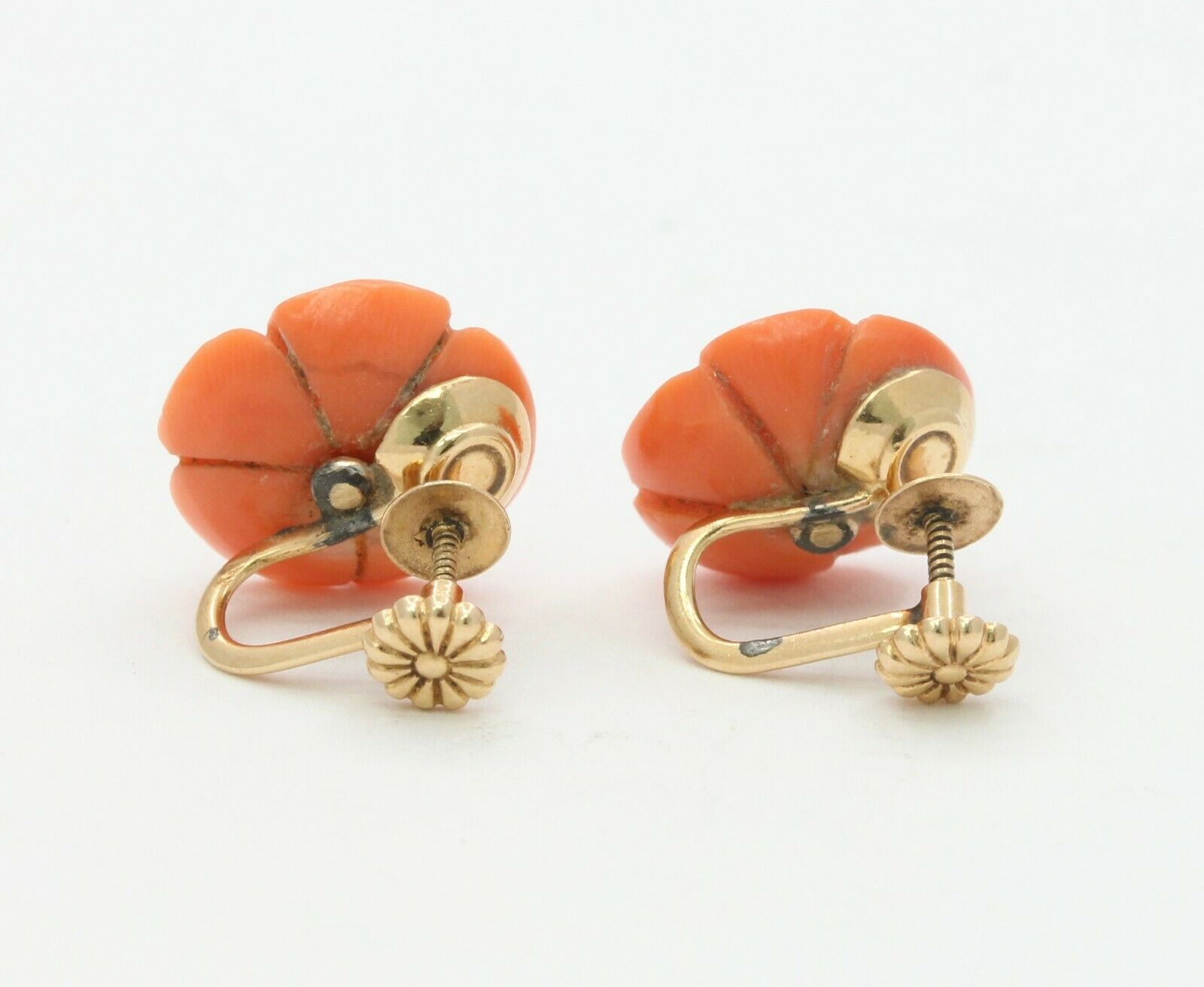 Vintage 14k Yellow Gold Diamond Coral Floral Non Pierced Earrings