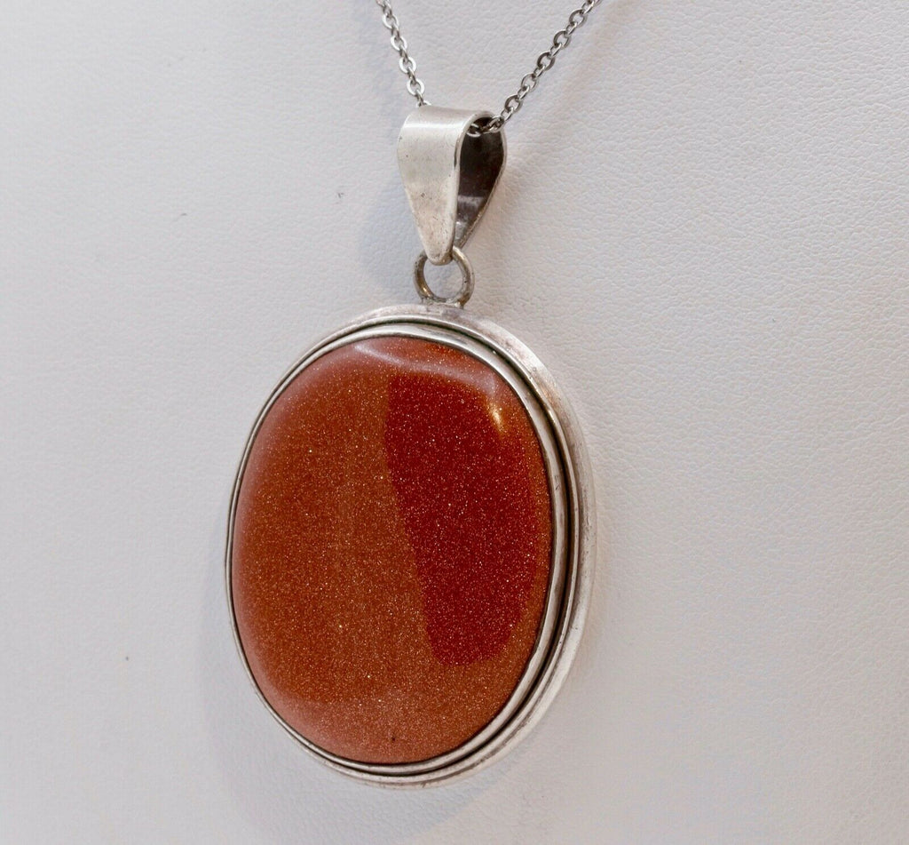 Huge Vintage Sterling Silver Goldstone Pendant