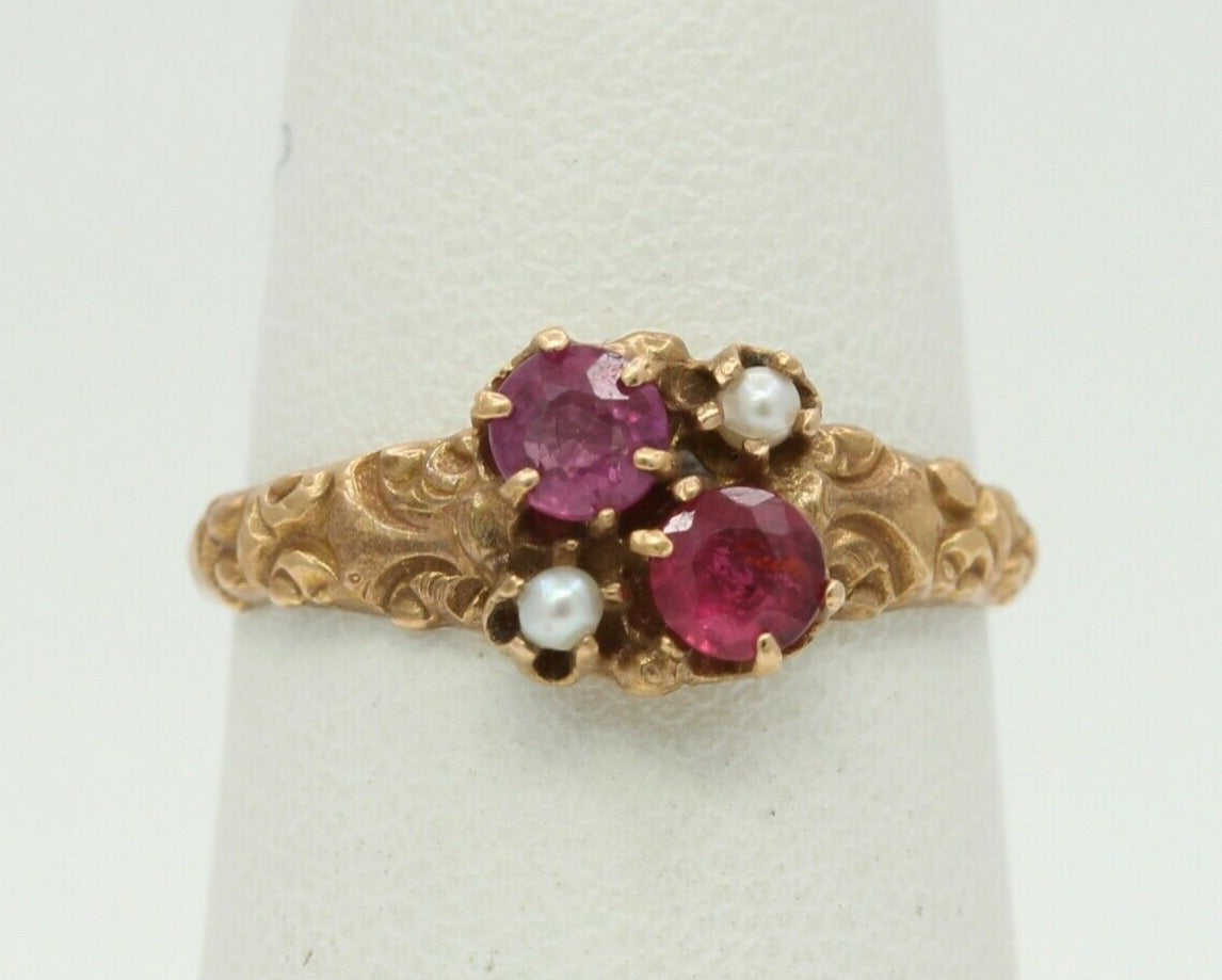 Victorian 14K Rose Gold Seed Pearl Ruby Promise Ring