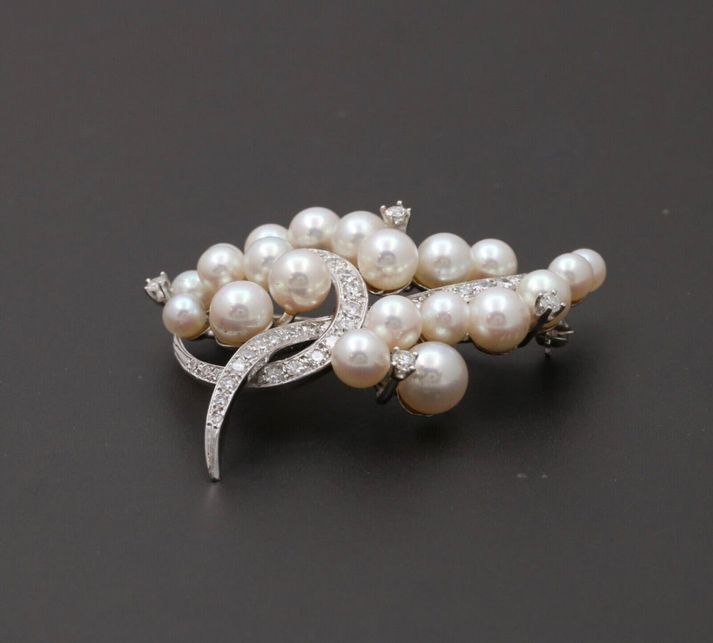 Elegant Vintage 14K Gold Diamond and Pearl Brooch