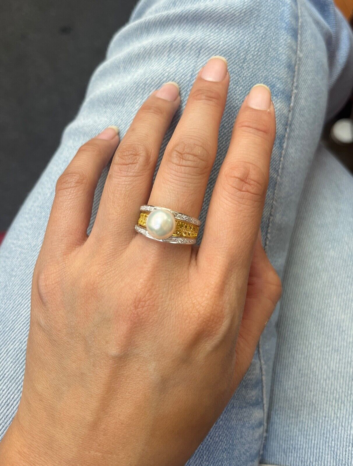 Vintage 18K Gold Pearl & Diamond Ring.