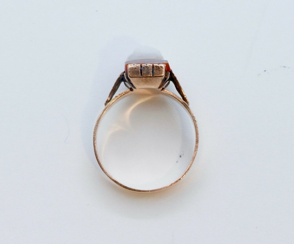 Victorian Ladies Carved Agate Cameo Seed Pearls 14K Rose Gold Ring