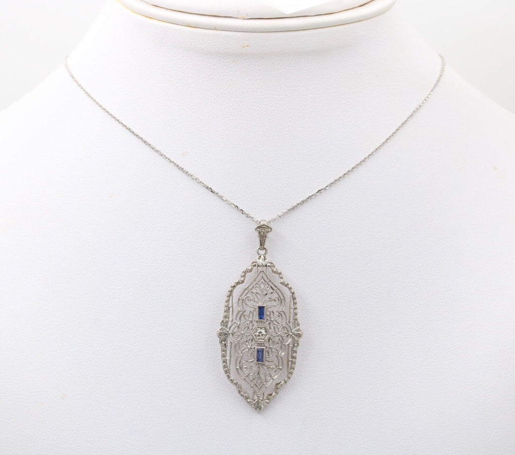 Art Deco 14K White Gold Filigree Pendant, Necklace