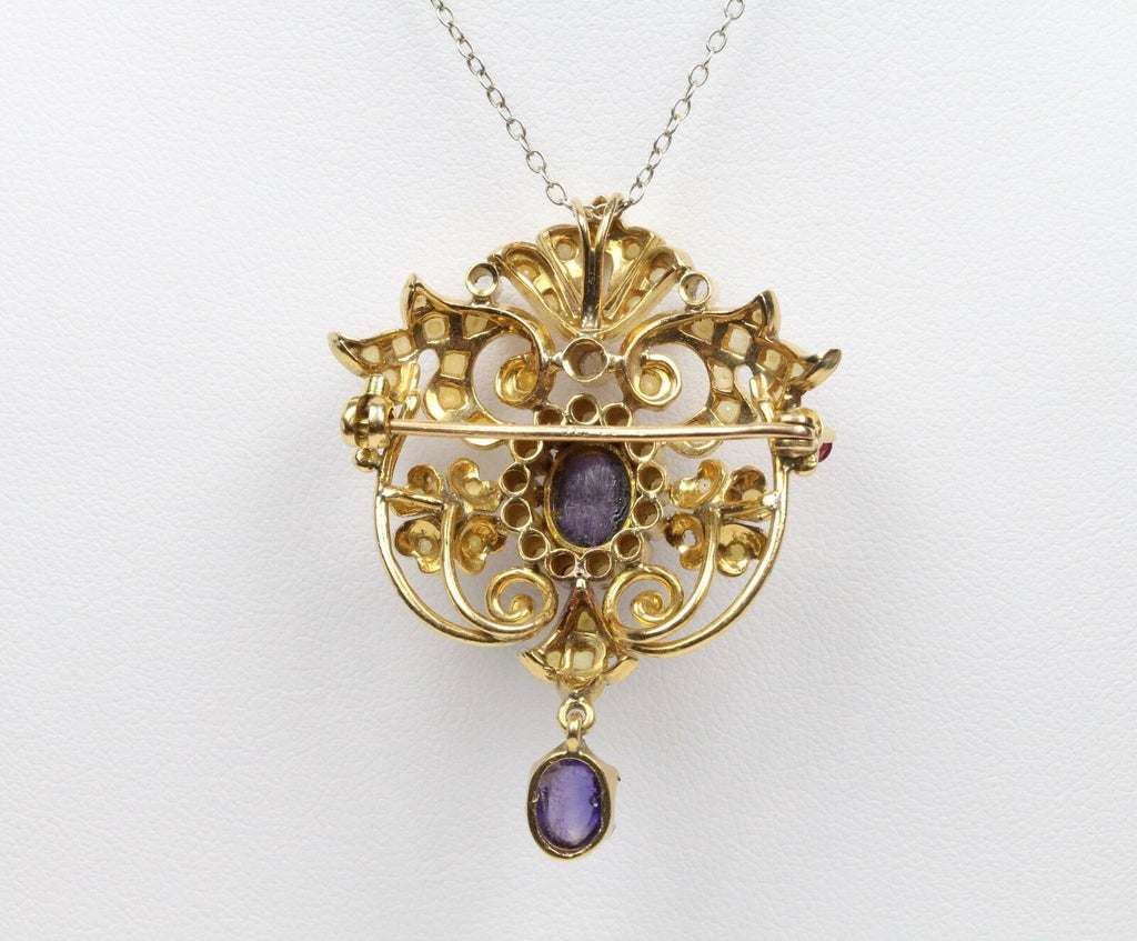 Victorian Ladies Brooch Pin Pendant Rubies Tourmaline Seed Pearls Amethyst