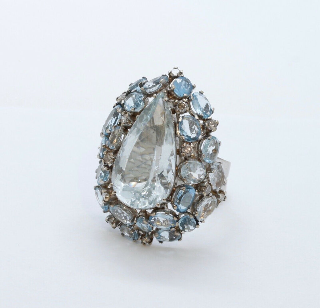 Large Aquamarine Diamonds 18K White Gold Statement Cocktail Ring