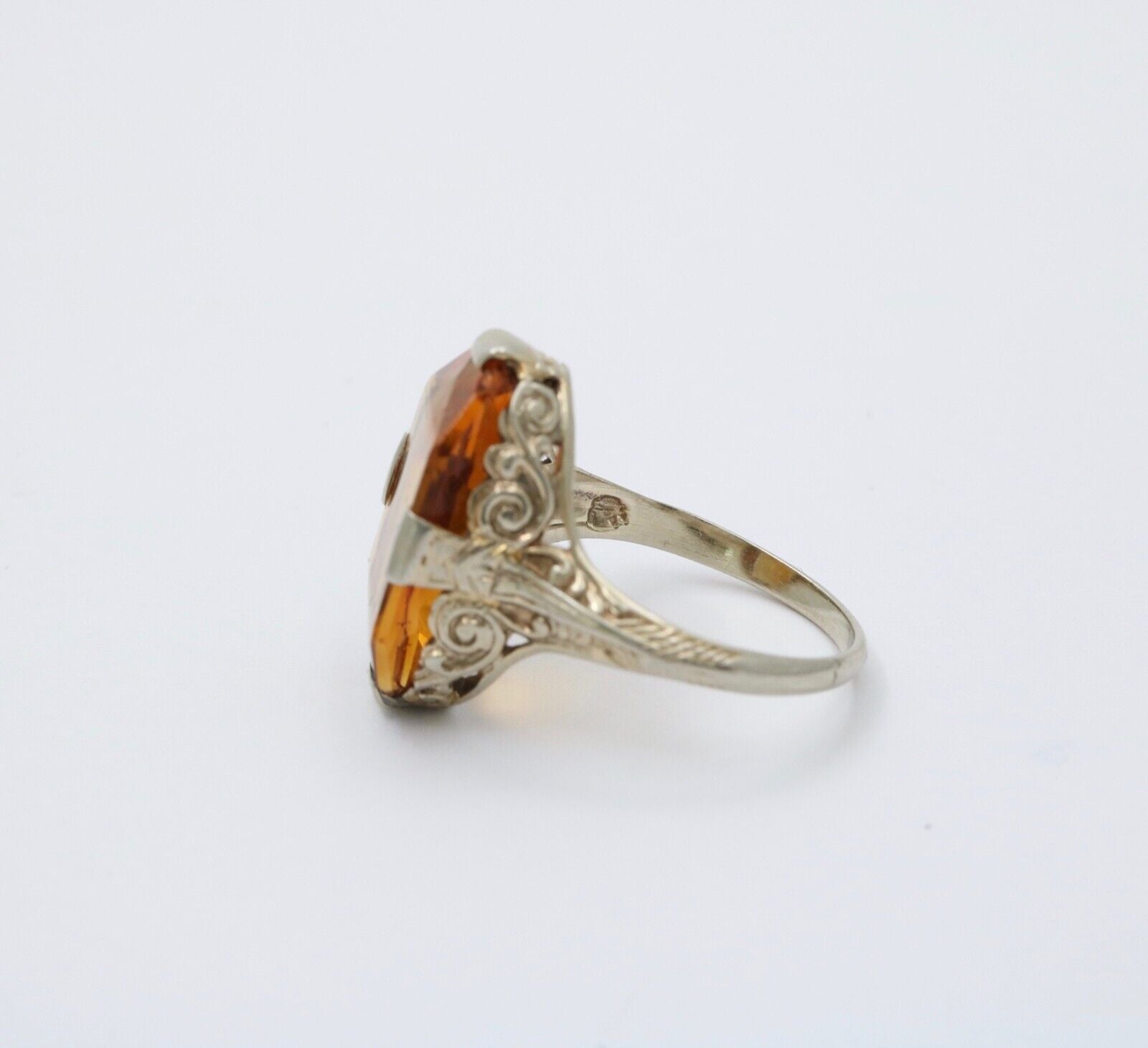 Antique Art Deco Citrine 14K White Gold Filigree Ring, Statement Ring