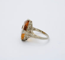 Load image into Gallery viewer, Antique Art Deco Citrine 14K White Gold Filigree Ring, Statement Ring
