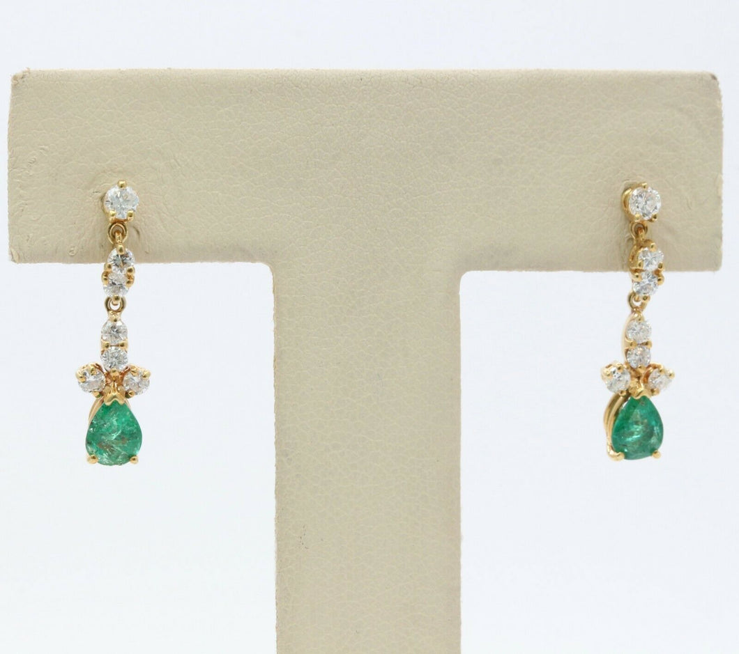 Vintage 14K Yellow Gold Emerald Diamond Drop Earrings