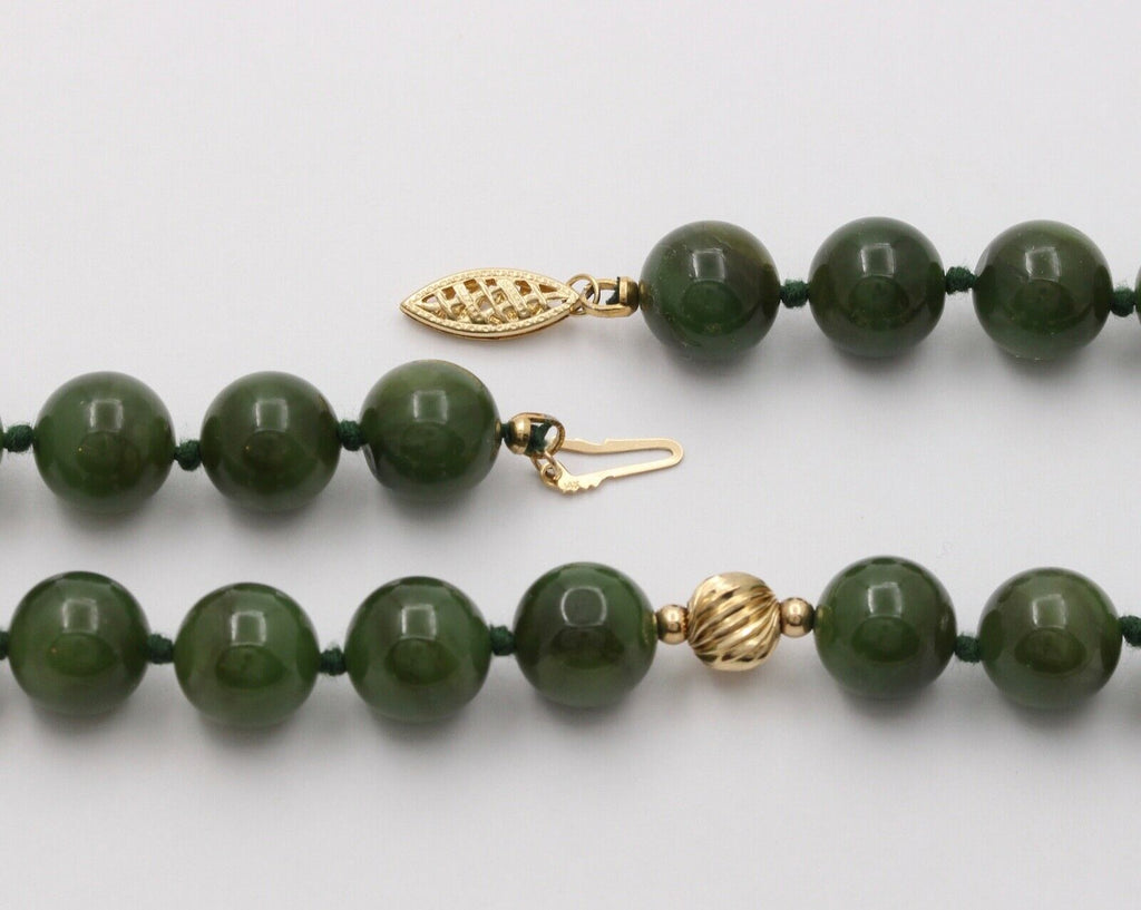 Vintage Spinach Jade Beaded 14K Yellow Gold Necklace