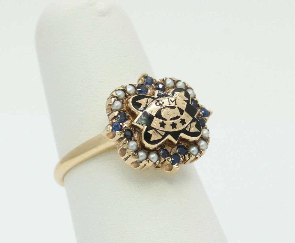 Vintage 14K Yellow Gold Phi Mu Badge Sorority Sapphire Seed Pearl Ring