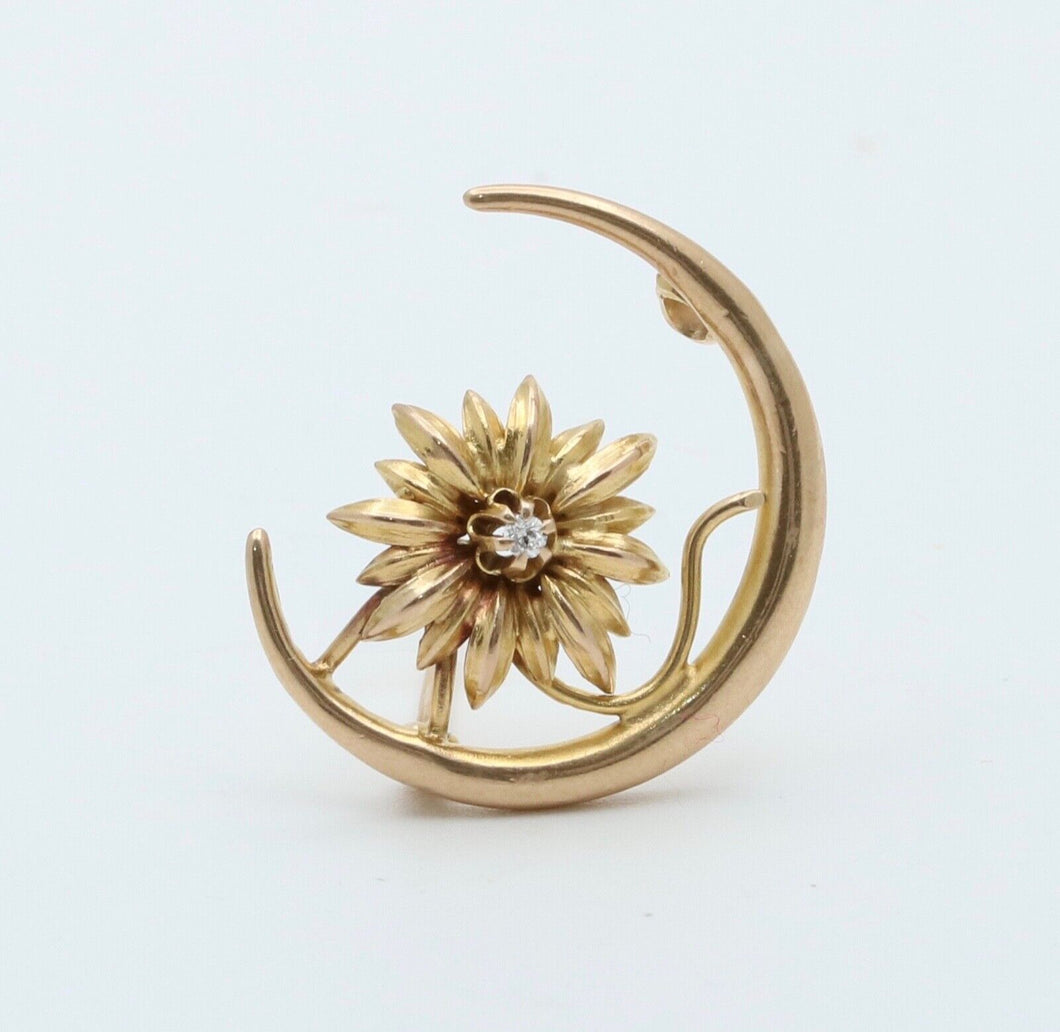 Victorian 10K Yellow Gold Crescent & Chrysanthemum Flower Diamond Pin