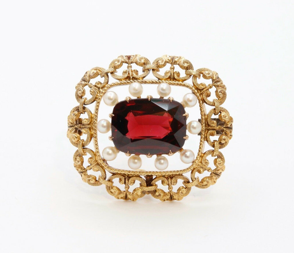 Pristine Victorian Garnet Pearls 14K Yellow Gold Brooch Pin Pendant