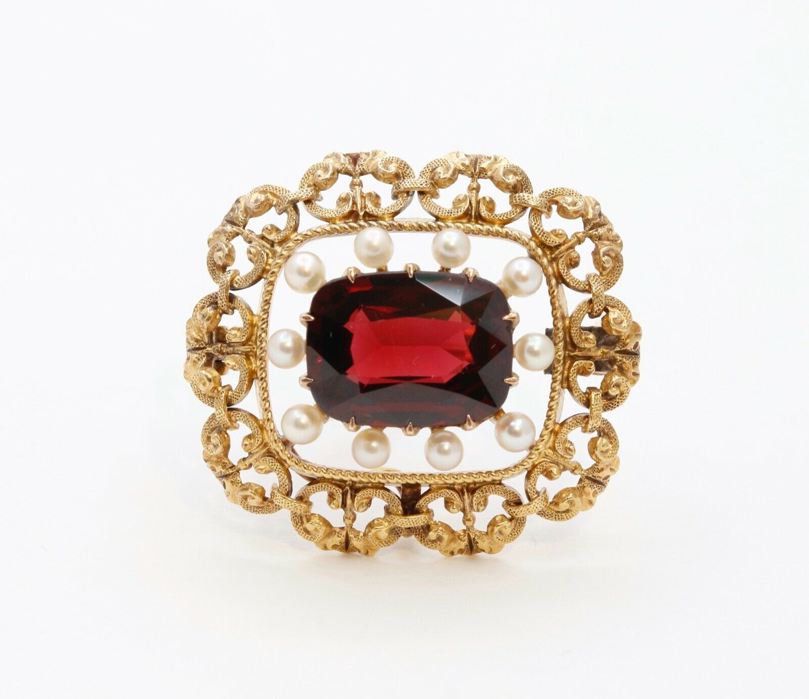 Pristine Victorian Garnet Pearls 14K Yellow Gold Brooch Pin Pendant