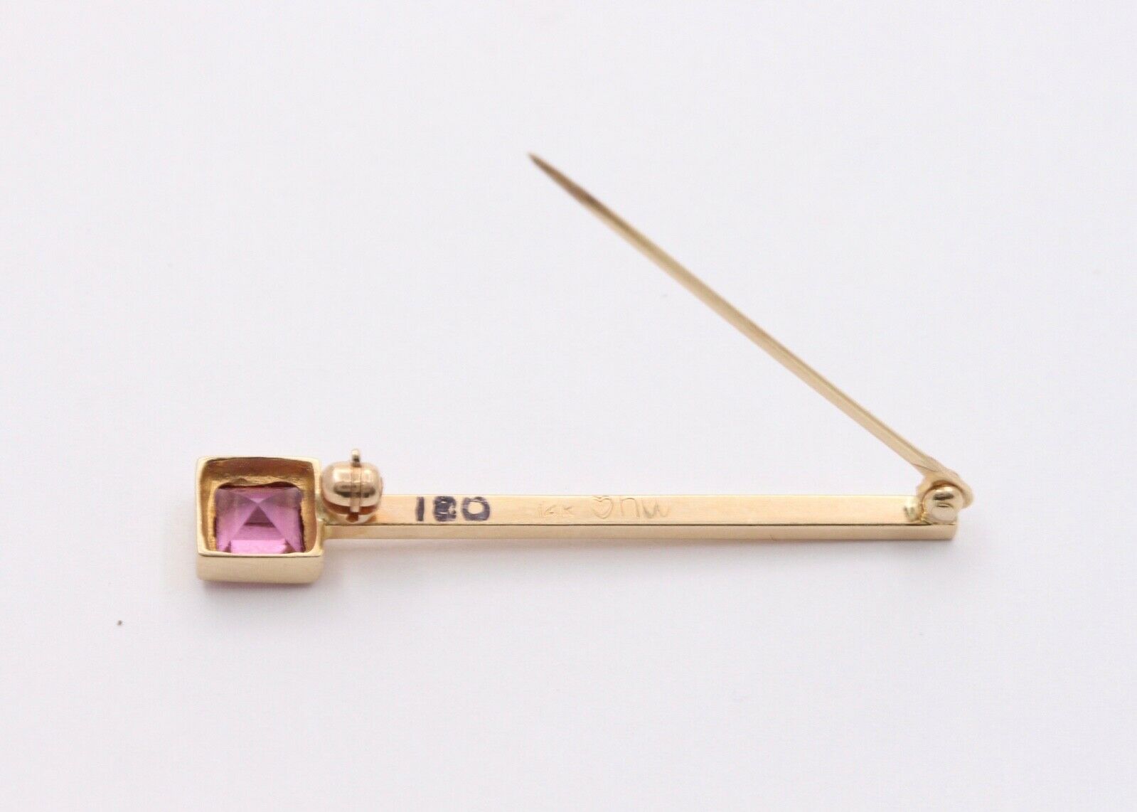 Art Deco Emerald Cut Tourmaline 14K Yellow Gold Brooch Pin