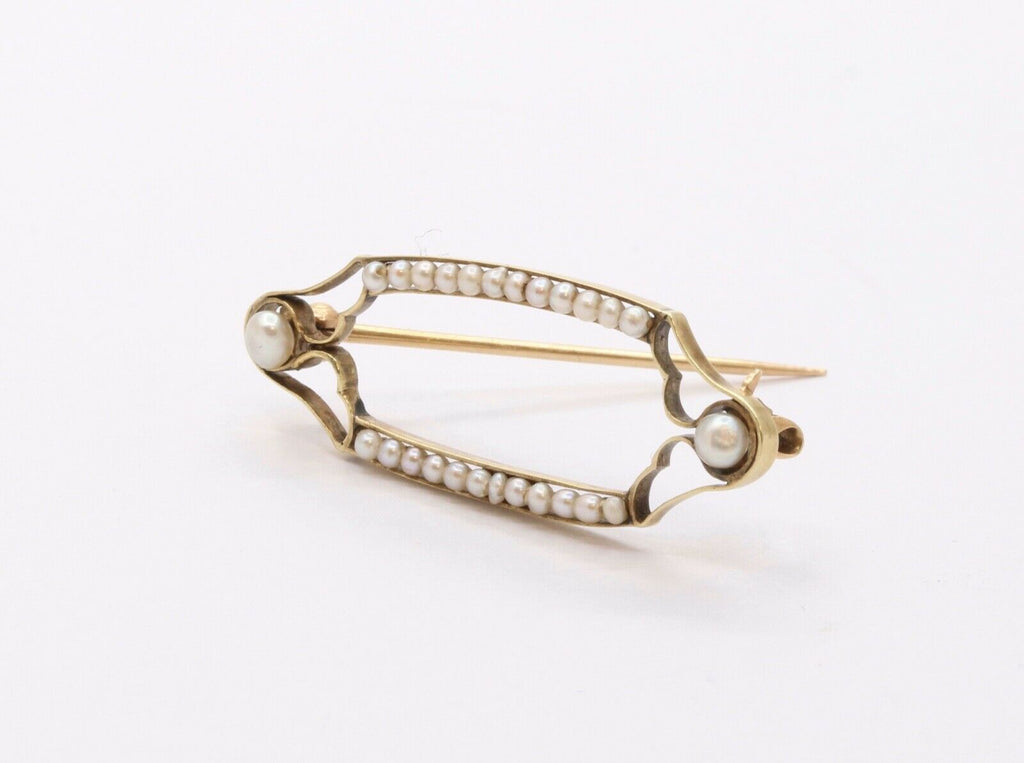 Victorian Edwardian 14K Yellow Gold Seed Pearls Retro Brooch Pin