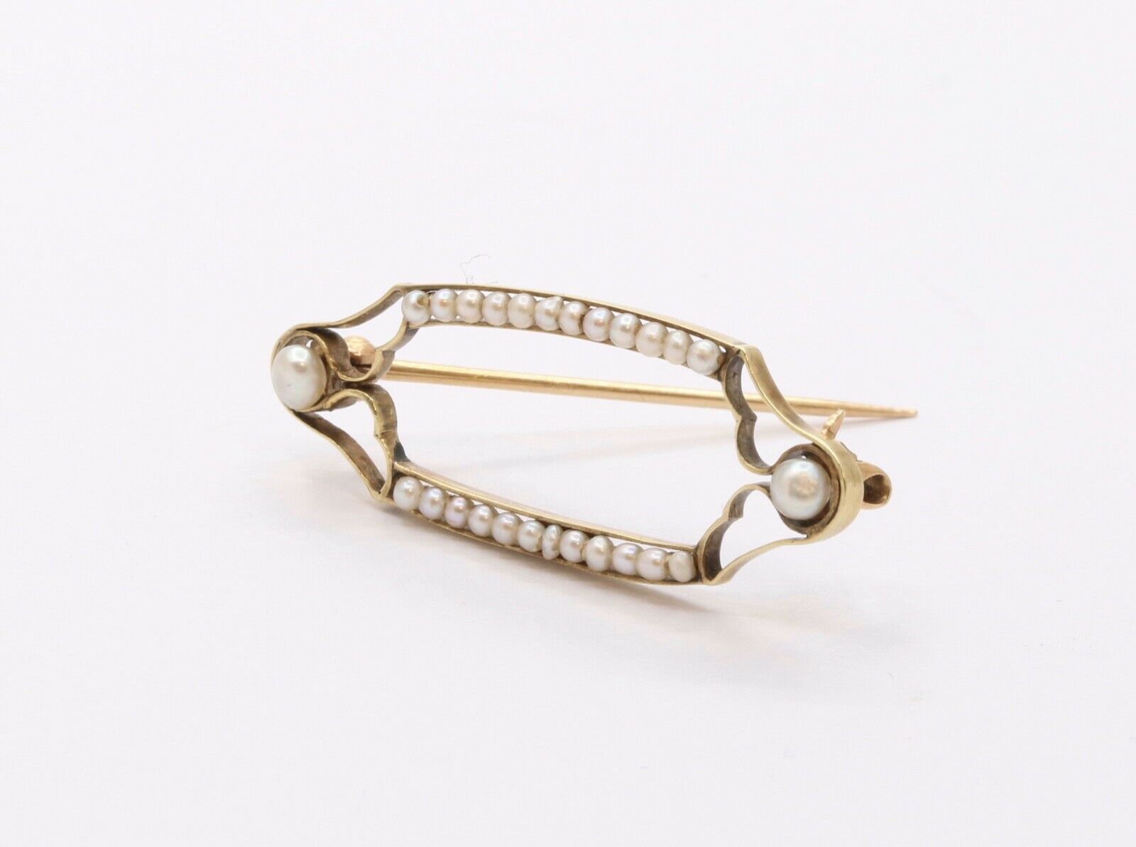 Victorian Edwardian 14K Yellow Gold Seed Pearls Retro Brooch Pin