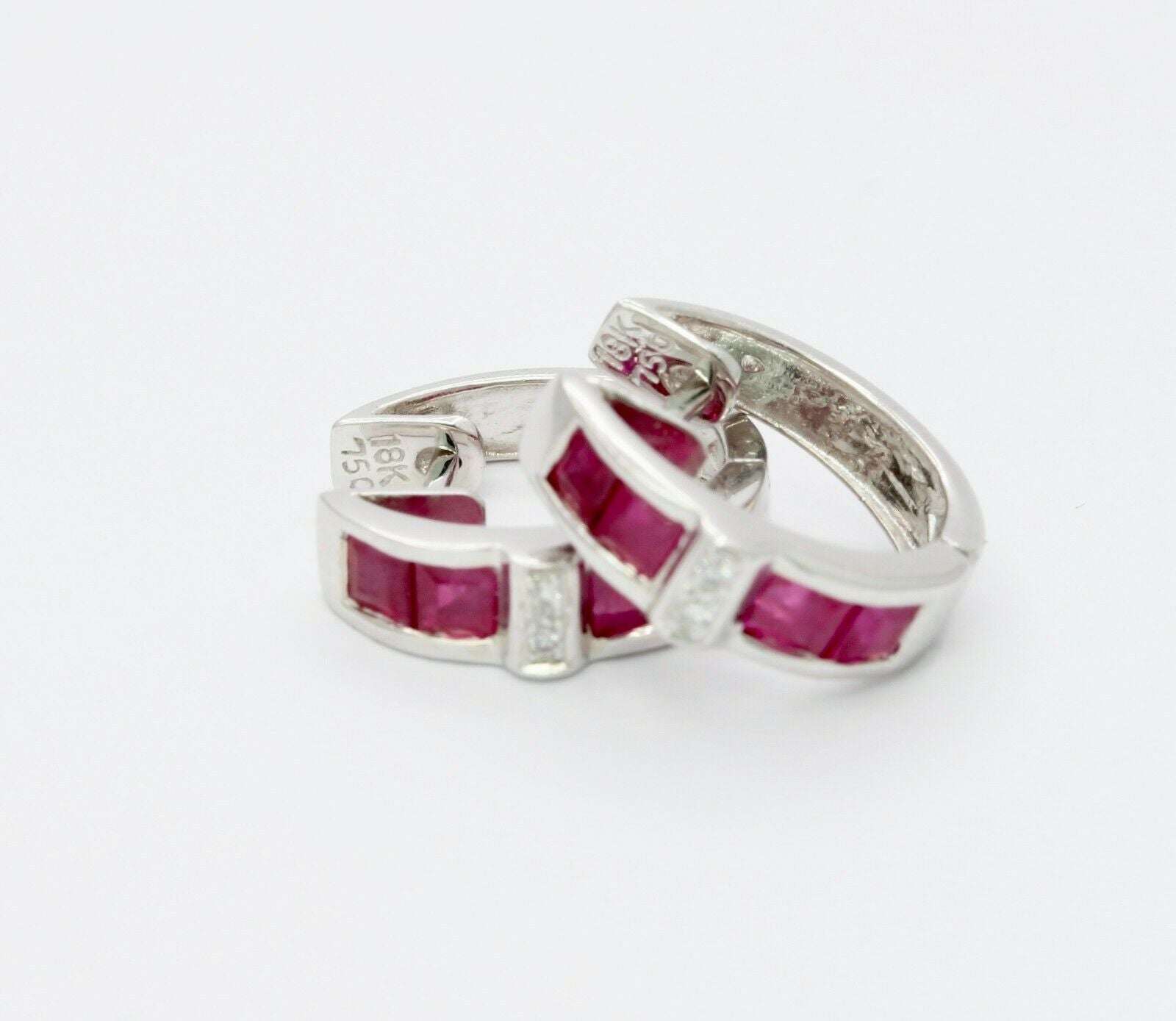 18K White Gold Diamond, Natural Ruby Huggie Earrings