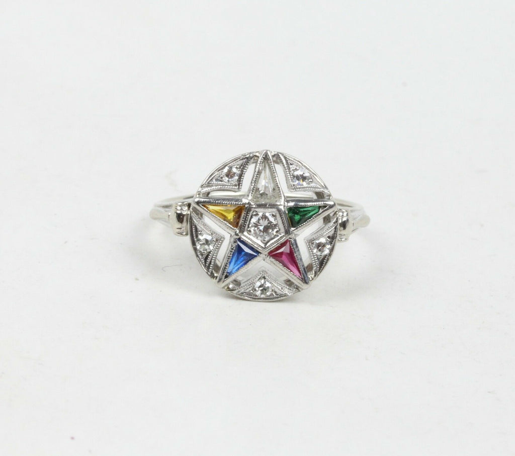 Art Deco Eastern Star 14K White Gold Diamonds Ruby Emerald Sapphire Topaz Ring