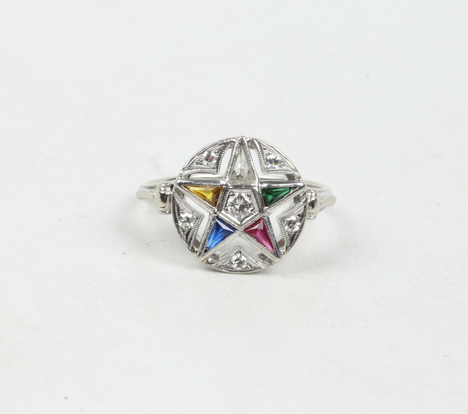 Art Deco Eastern Star 14K White Gold Diamonds Ruby Emerald Sapphire Topaz Ring