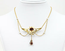 Load image into Gallery viewer, Art Nouveau Pendant Chain Garnet Natural Pearls Diamonds 14K Yellow Gold
