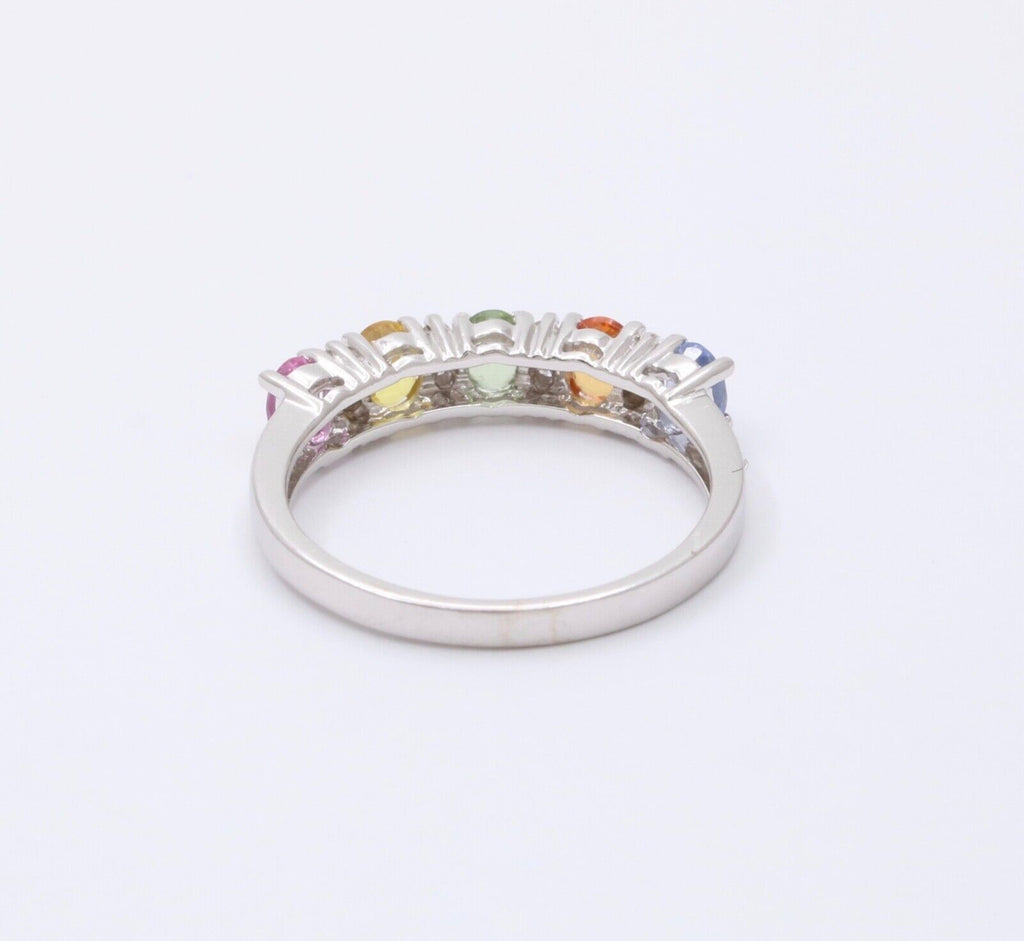 Fun 14K White Gold Multi Color Sapphire And Diamond Ring Band